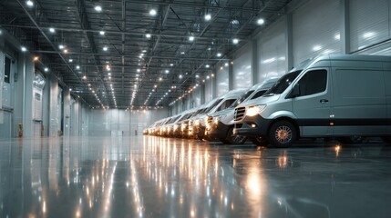 Row of light gray panel vans parked in a minimalist indoor warehouse with reflective floor. Commercial vehicle fleet for logistics delivery service concept.