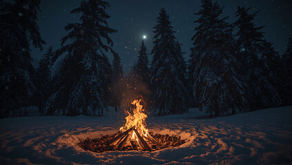 A quiet winter night in the forest with a glowing campfire surrounded by snow, tall pine trees, and a bright moon