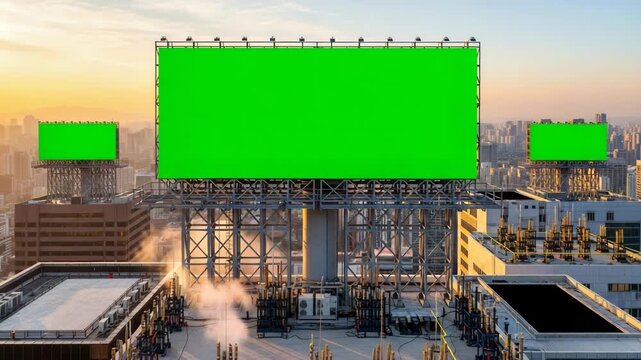 Urban Sunset Multiple Green Screen Billboards: Elevated cityscape with triple chroma key advertising panels on steel frames amid skyscrapers and glowing horizon, commercial mockup setup for dynamic ur
