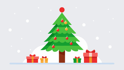 Decorated christmas tree with gifts in snowy scene