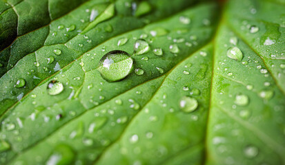 Macro of water droplets on green leaves, Beautiful details of rainy season drops rainwater on the green leaf background