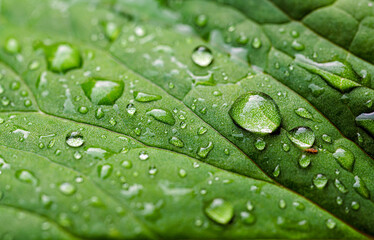 Macro of water droplets on green leaves, Beautiful details of rainy season drops rainwater on the green leaf background
