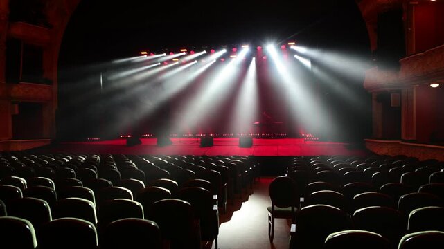 Spotlights on an empty stage. Symbolizes public speaking, leadership, performance, and the moment before the show.