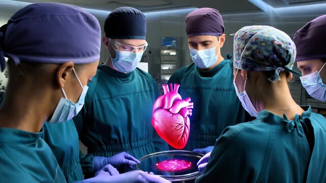 Medical Team Analyzing 3D Heart Model in Operating Room
