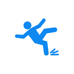 Falling blue person silhouette pictogram. Caution sign. Isolated on white background. Vector illustration