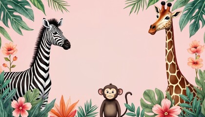 Cute zebra, tall spotted giraffe, small brown monkey surrounded by rich green tropical leaves, colorful pink-orange flowers. Sweet illustration on light pink background perfect for kids party