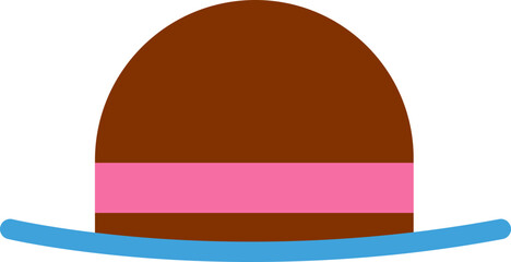 Cartoon Style Brown Bowler Hat with Pink Band and Blue Brim Illustration