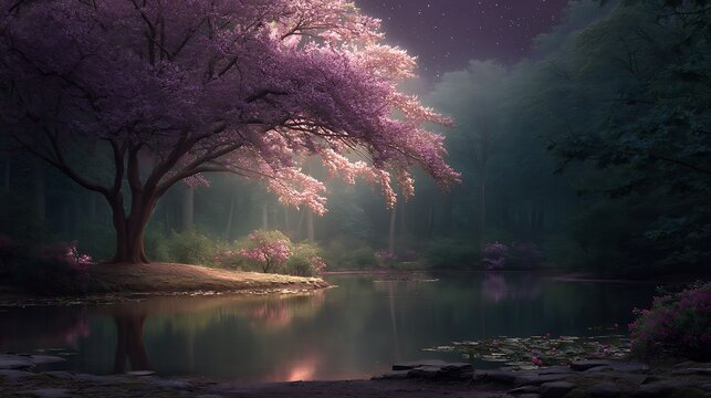 Tranquil Lake Reflecting a Blooming Cherry Tree Under a Starry Night Sky