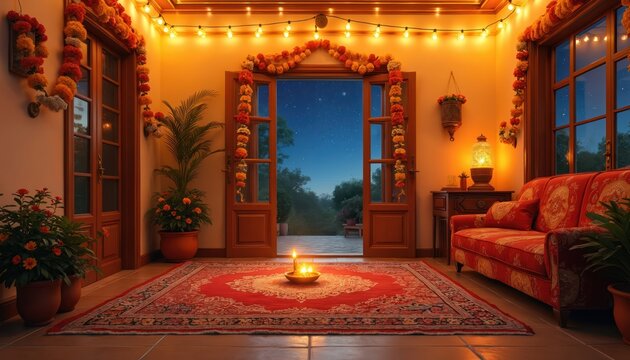 Cozy Indian home decorated for Diwali festival. Interior room features traditional red patterned rug, vibrant glowing string lights, marigold flower garlands. Candles burn on floor. Open doors reveal