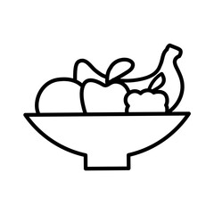 Kwanzaa Fruits. Outline design vector illustration of a bowl with banana, orange, apple and grapes. Hand drawn minimal holiday symbol on white background.