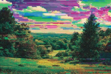 Vibrant digital landscape features trees and fields with intense color distortion and horizontal scan lines creating a visual glitch effect.