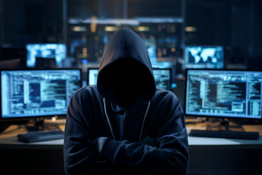 Cyber criminal masked sitting at desk with multiple monitors