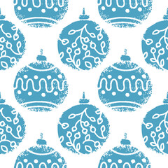 Seamless vector pattern of blue Christmas ornaments with hand-drawn decorative designs on a white background, perfect for festive wrapping paper, textiles, and holiday-themed digital projects