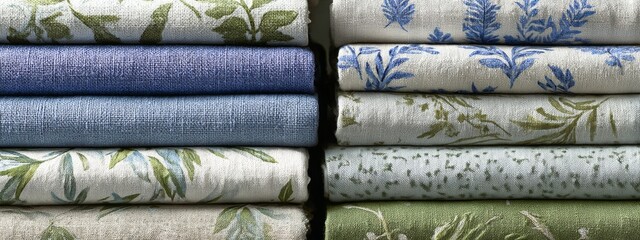 Vibrant fabric assortment elegant linen cloths with green sprigs creating inviting soft neutral background