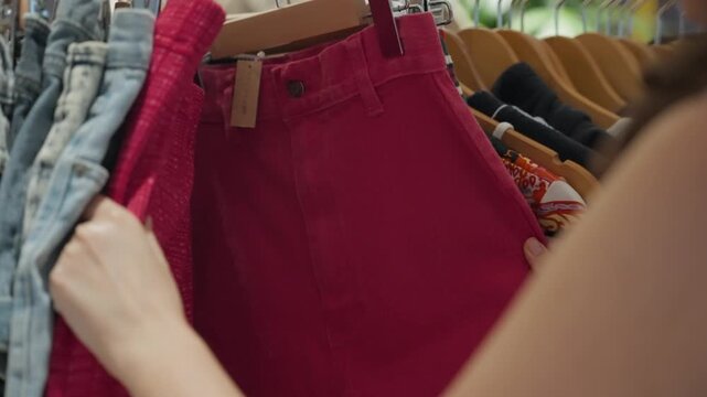 Young woman shopping for second hand clothes in stylish vintage thrift store. Retro zero waste sustainable fashion. Hipster female checks and shuffles through wear hanged on rack or hanger in shop