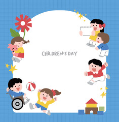 파란색, 유치원에서 뛰어노는 어린이들