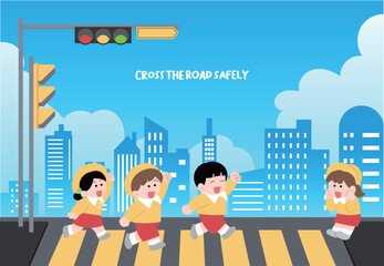 파란색, 신호등 아래 횡단보도를 건너는 어린이들