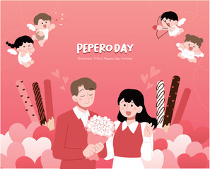 빨간색, 한국 기념일 빼빼로데이, 남자가 여자에게 꽃다발을 주고 있다.