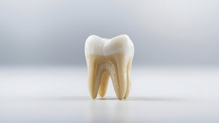 Single extracted molar tooth on a smooth white background.