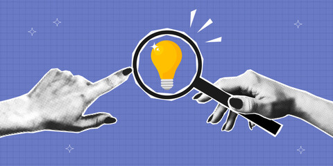 Collage banner concept of find new idea. Two halftone hands one is pointing at light bulb, other is holding magnifying glass. Business idea or startup. Collage design with halftone elements. Vector