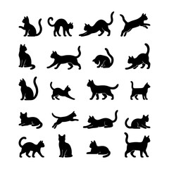 Set of Cat Silhouette in Various Poses Vector Illustration