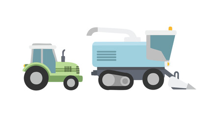 Flat Green Tractor and Harvester – Minimalist Agricultural Vehicle Illustration