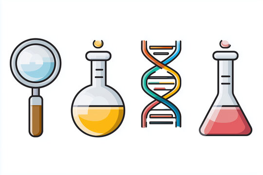 Science icons showing magnifying glass, beakers, DNA strands ,