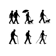 Naklejka premium Senior couple walking silhouette vector. Elderly people walking together illustration. Active senior lifestyle silhouette. Healthy aging couple walking outdoors. Mature adults daily exercise vector.