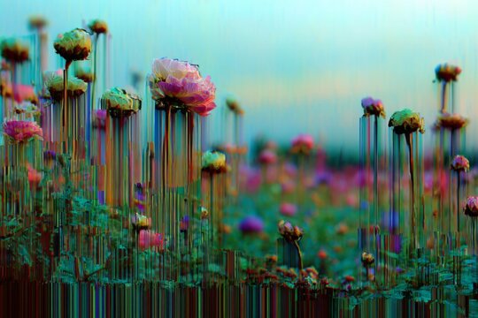 Flower field image shows strong vertical color distortion lines against a soft blue sky background. - Powered by Adobe