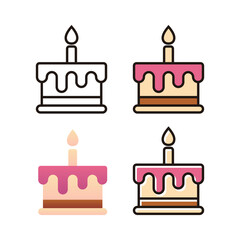 Birthday Cake Icon Set – Cute Outline and Colored Cake Vector Illustration