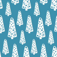 Seamless blue and white Christmas tree pattern with textured festive design, perfect for holiday wrapping paper, winter backgrounds, gift packaging, and seasonal graphic projects