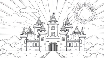 Obraz premium Majestic castle with towers, battlements, flags, and radiating sun