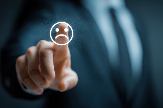 Customer Feedback Choosing Bad Rating Online Service Businessman Selecting Sad Face Icon User Experience Survey Business Concept Ranking System Decision Making Digital Interface Touch Screen