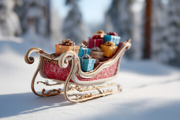 ornate sleigh filled with colorful presents and golden staff resting beside it, snow-covered pine forest, soft morning light, 