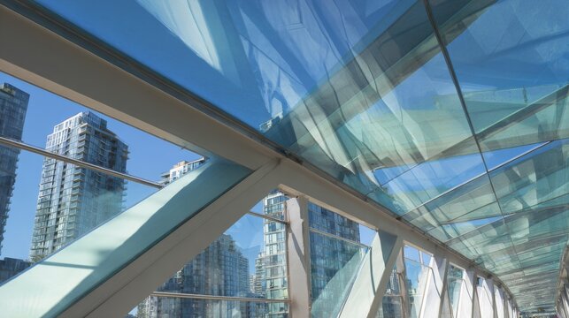 A glazed passageway offers a glimpse of modern city architecture on a bright, sunny day, with clear reflections