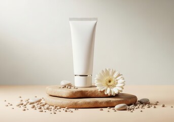 White cosmetic tube placed on stones with flower and pebbles  