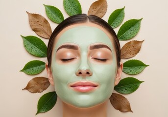 Woman with green facial mask relaxing surrounded by leaves  