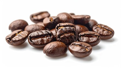 Fototapeta premium Close-up Macro Shot of Roasted Coffee Beans Scattered on a White Surface with Natural Lighting and Rich Brown Tones