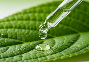 Dropper releasing liquid on green leaf with droplets  