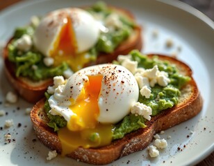 Two slices toast topped with avocado poached egg and feta cheese served on white plate. Fresh breakfast brunch meal with runny yolk. Food photo for recipe blog or menu.