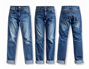 Realistic jeans mockup with detailed stitching, shadows, and washed denim texture, modern streetwear fit, flat lay and on-model options