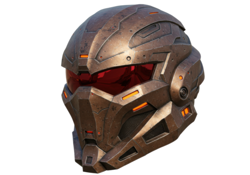 Isolated, a futuristic brown metal military combat helmet with a red visor, no person, studio shot