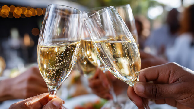 8h Back view of toasting group with crystal clear sparkling wine glasses and defocused amber bokeh, with copy space