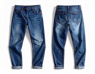 Realistic jeans mockup with detailed stitching, shadows, and washed denim texture, modern streetwear fit, flat lay and on-model options