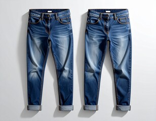 Realistic jeans mockup with detailed stitching, shadows, and washed denim texture, modern streetwear fit, flat lay and on-model options