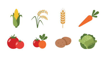 Flat Vector Illustration of Vegetables and Crops Including Corn, Rice, Wheat, Carrot, Tomato, Potato, and Cabbage for Organic Farming and Agriculture Design