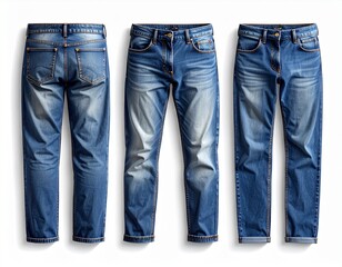 Realistic jeans mockup with detailed stitching, shadows, and washed denim texture, modern streetwear fit, flat lay and on-model options