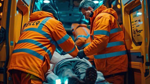 Two emergency medical responders work quickly to help a patient inside an ambulance at night. The atmosphere is tense as they provide immediate care in a busy urban area