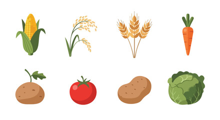 Flat Vector Illustration of Vegetables and Crops with Corn, Rice, Wheat, Carrot, Tomato, Potato, and Cabbage for Organic Farming Concept