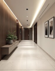 Fototapeta premium Long modern hallway with warm wood paneling and sleek lighting. Clean beige floor leads to dark doors. Minimalist decor includes framed art and green potted plants.